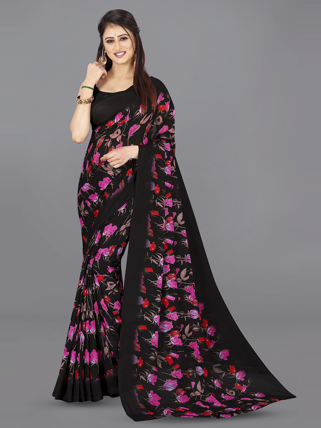 

ANAND SAREES Floral Printed Saree, Black