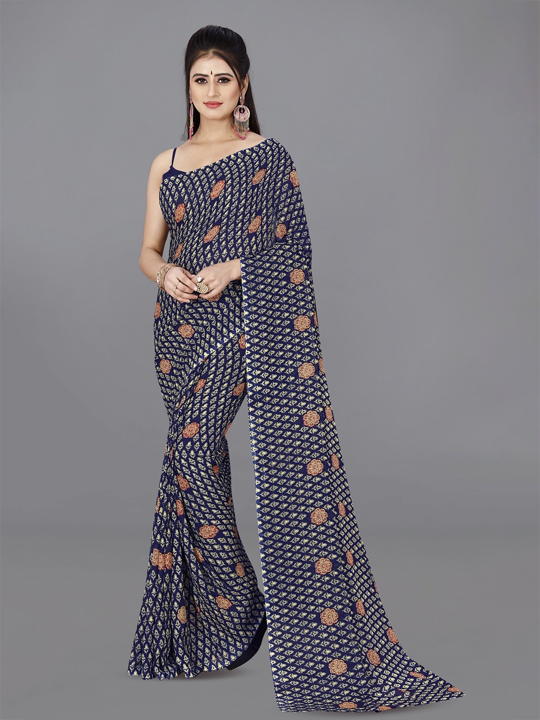

ANAND SAREES Floral Poly Georgette Saree, Blue