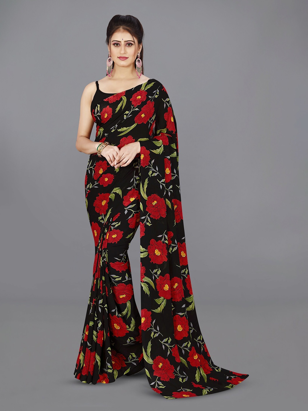 

ANAND SAREES Floral Printed Saree, Black