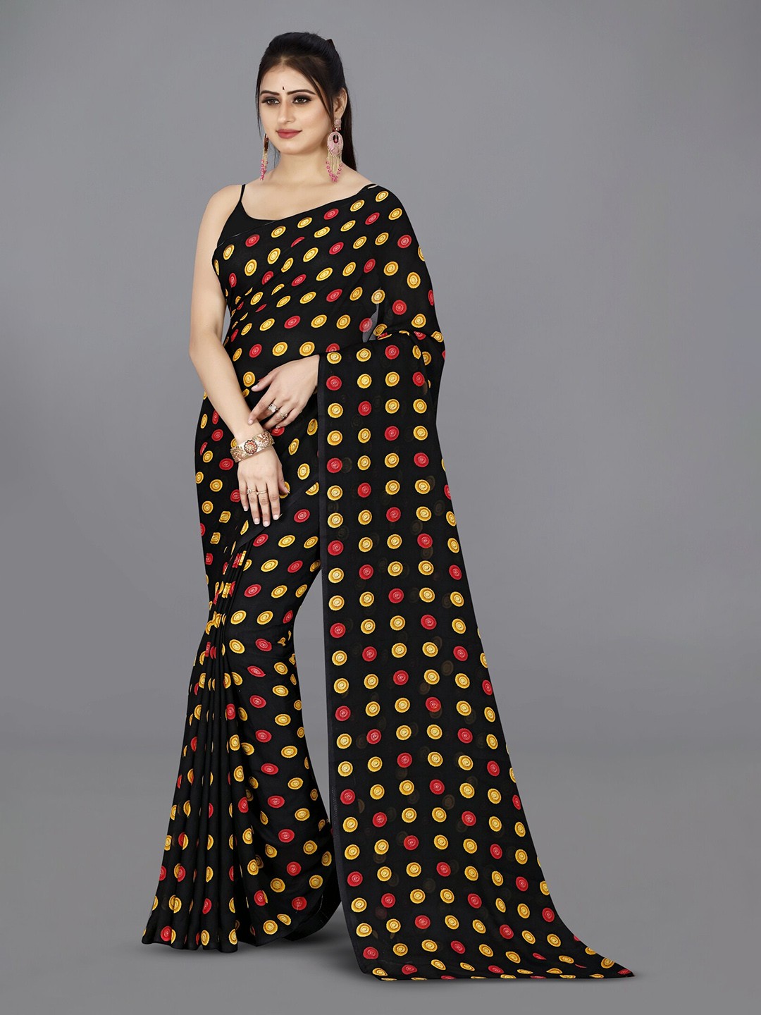 

ANAND SAREES Polka Dot Printed Saree, Black