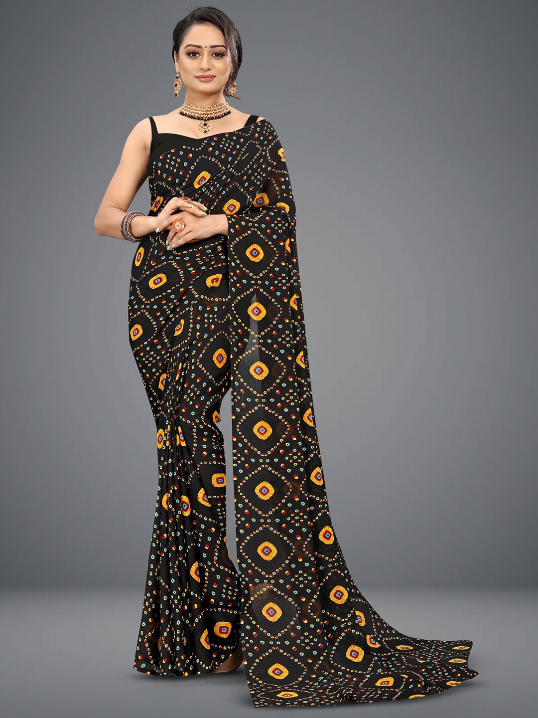 

ANAND SAREES Bandhani Printed Saree, Black