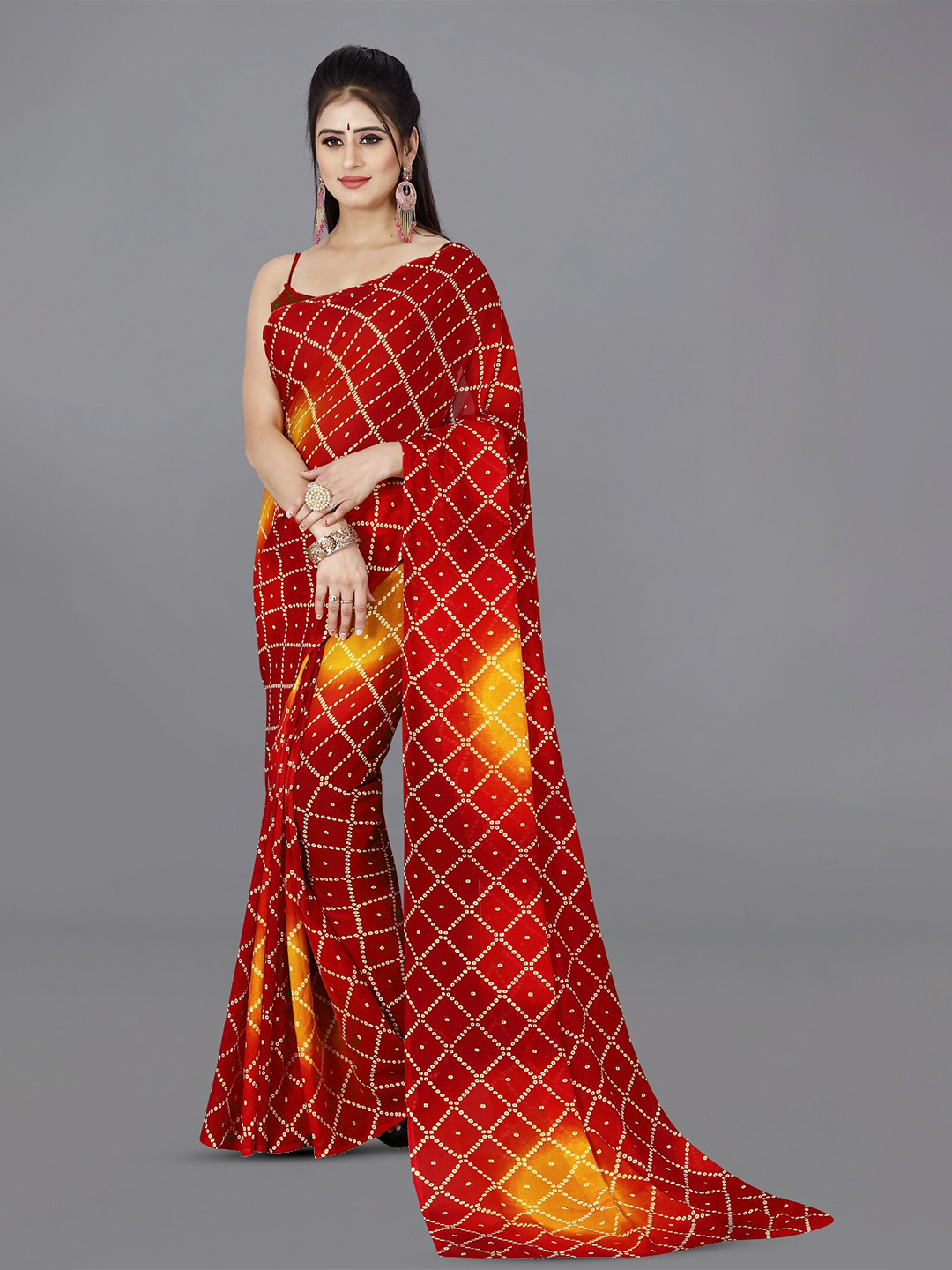 

ANAND SAREES Bandhani Printed Saree, Red