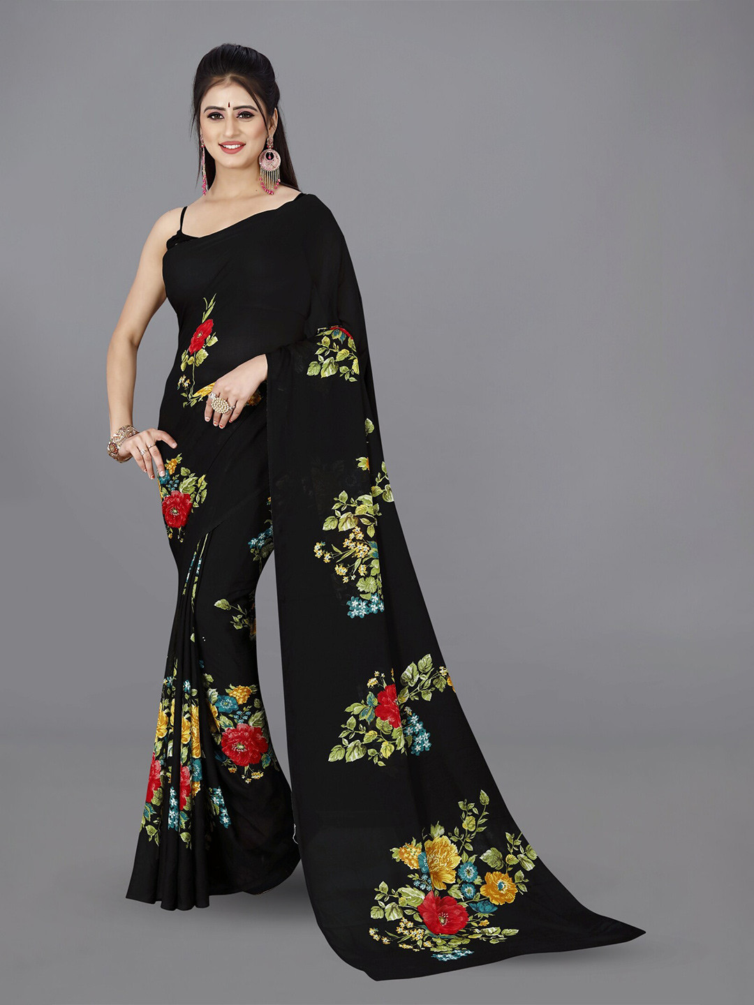 

ANAND SAREES Floral Printed Saree, Black