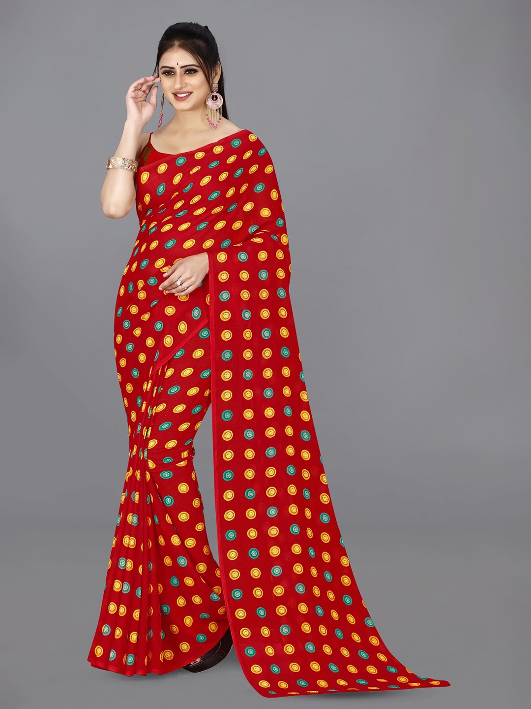 

ANAND SAREES Polka Dot Printed Saree, Red
