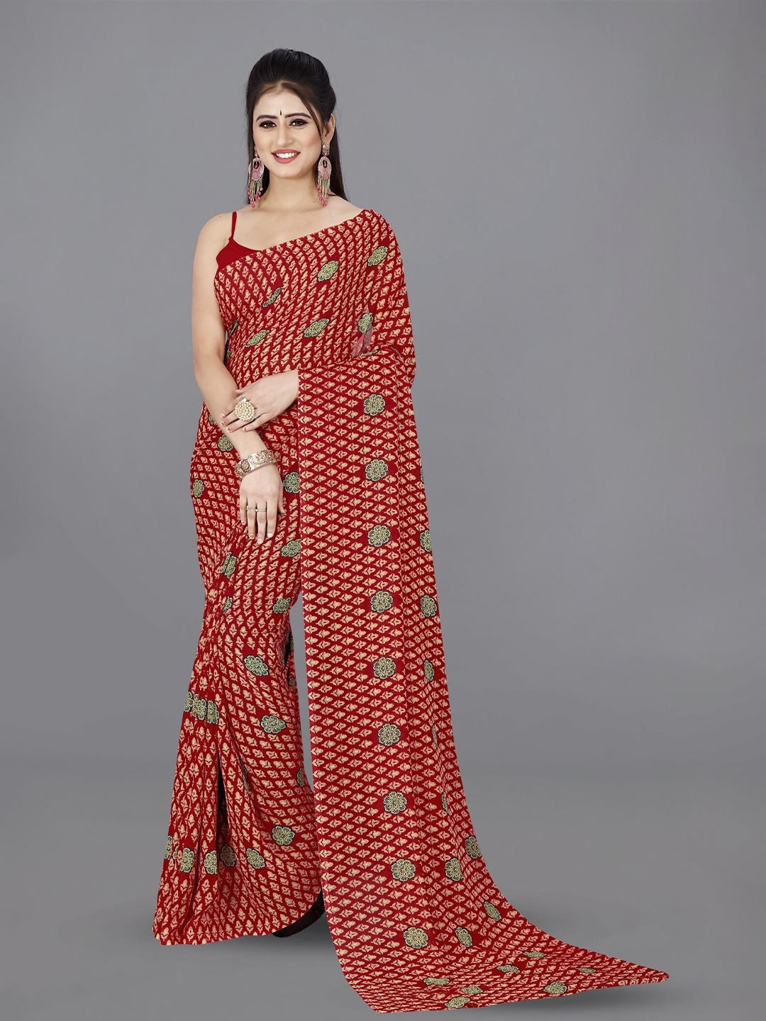 

ANAND SAREES Ethnic Motifs Poly Georgette Saree, Red
