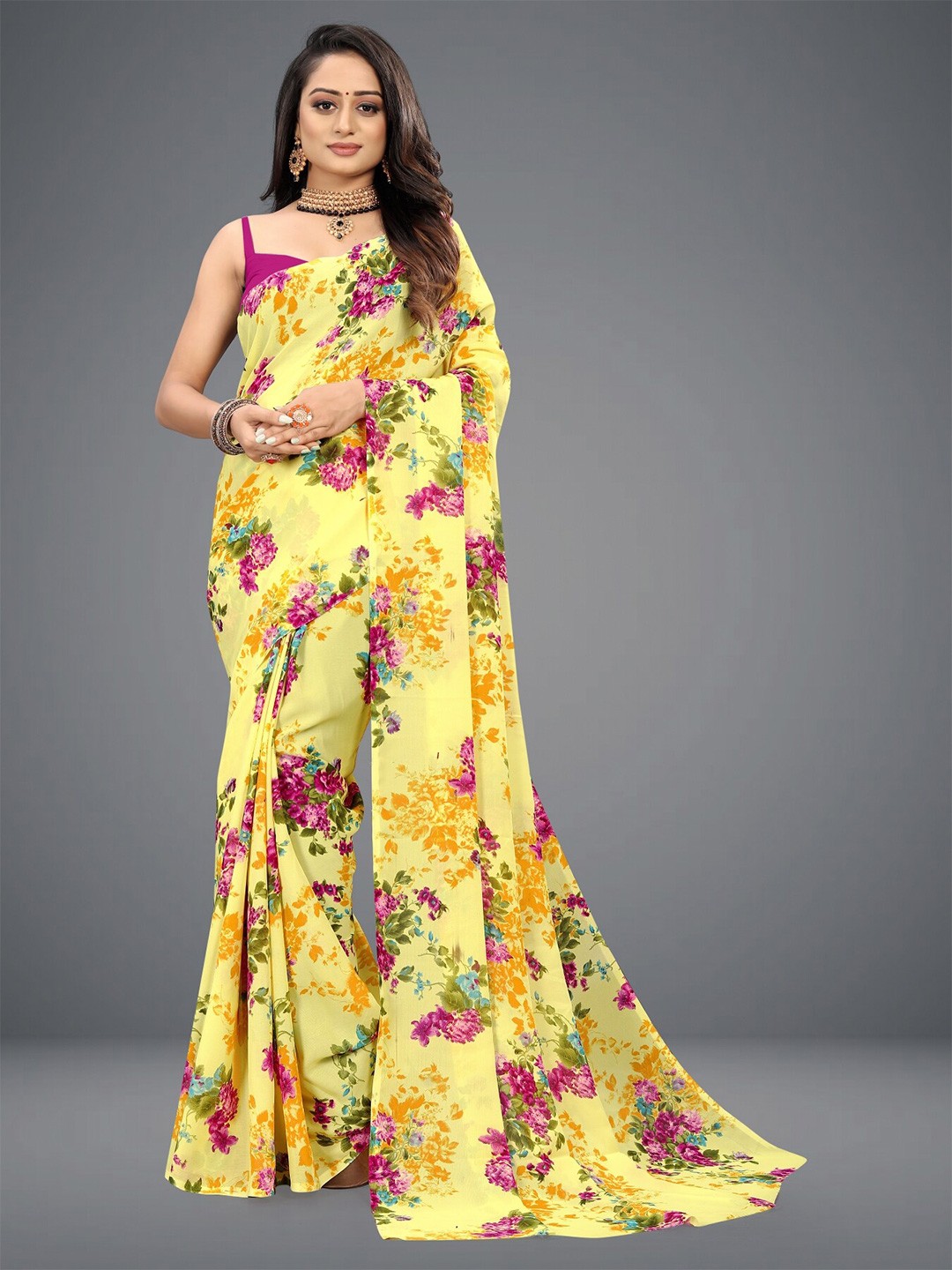 

ANAND SAREES Floral Printed Saree, Yellow