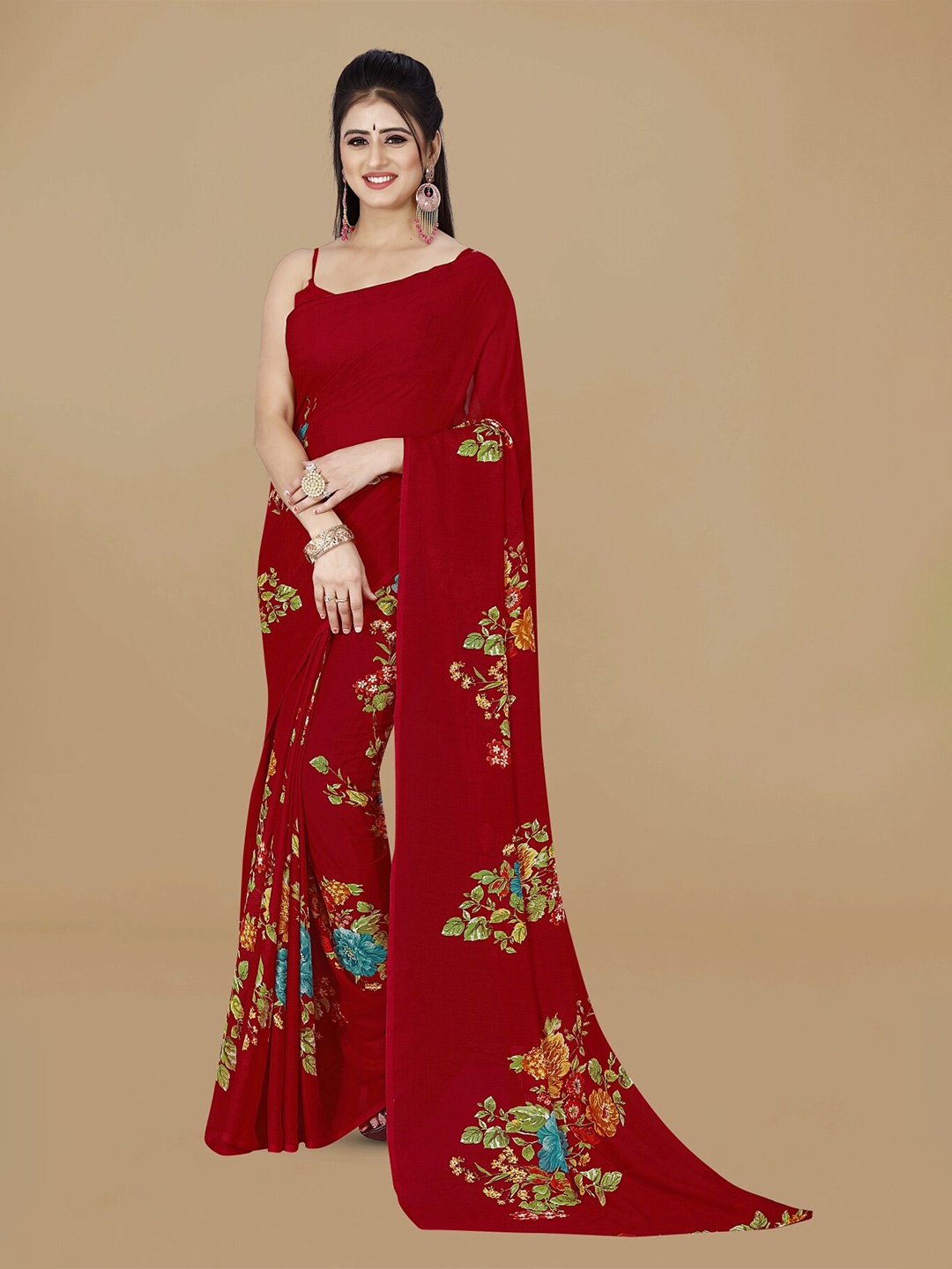 

ANAND SAREES Floral Printed Saree, Red
