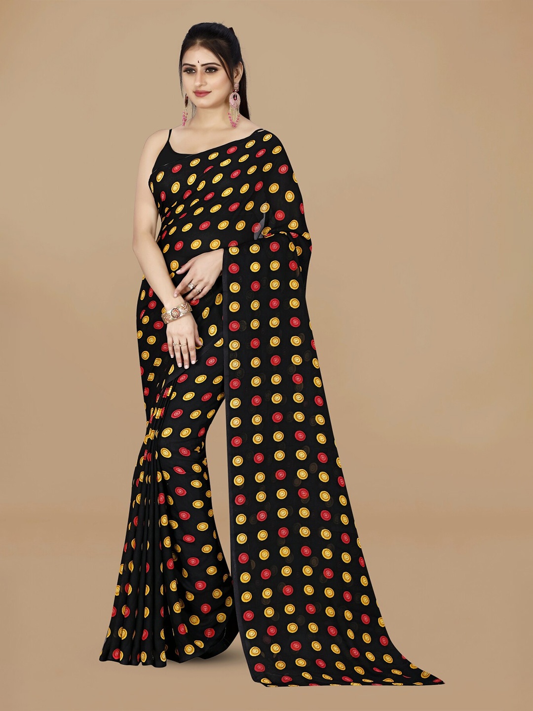 

ANAND SAREES Polka Dot Printed Saree, Black