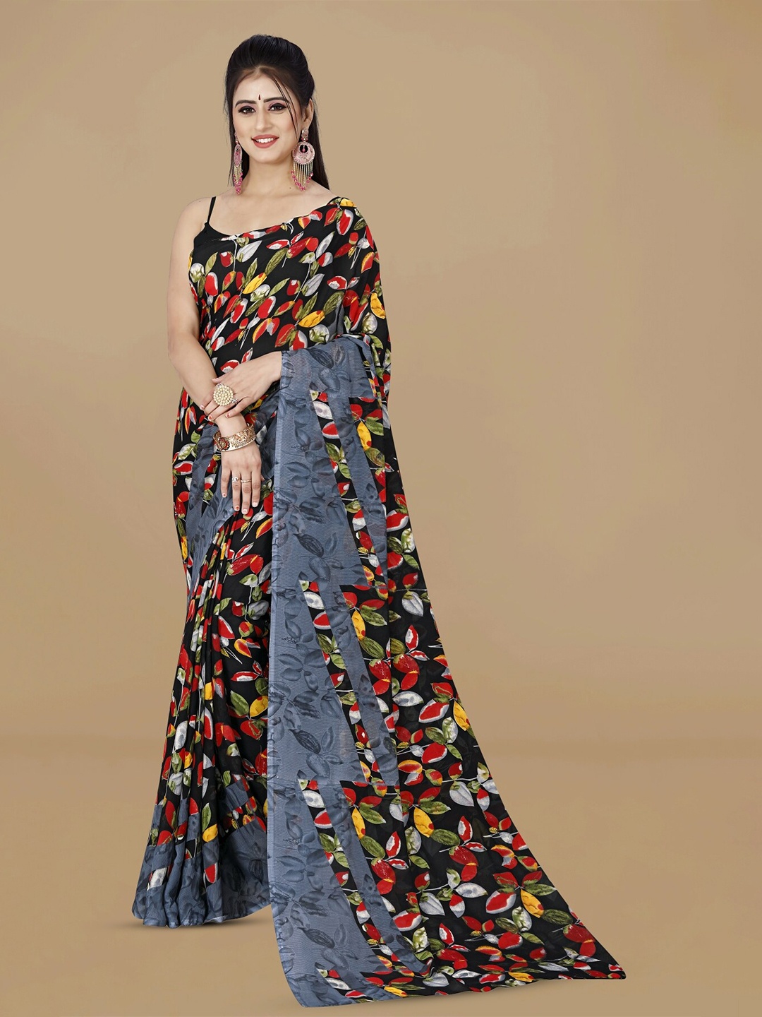 ANAND SAREES Floral Printed Saree, Black