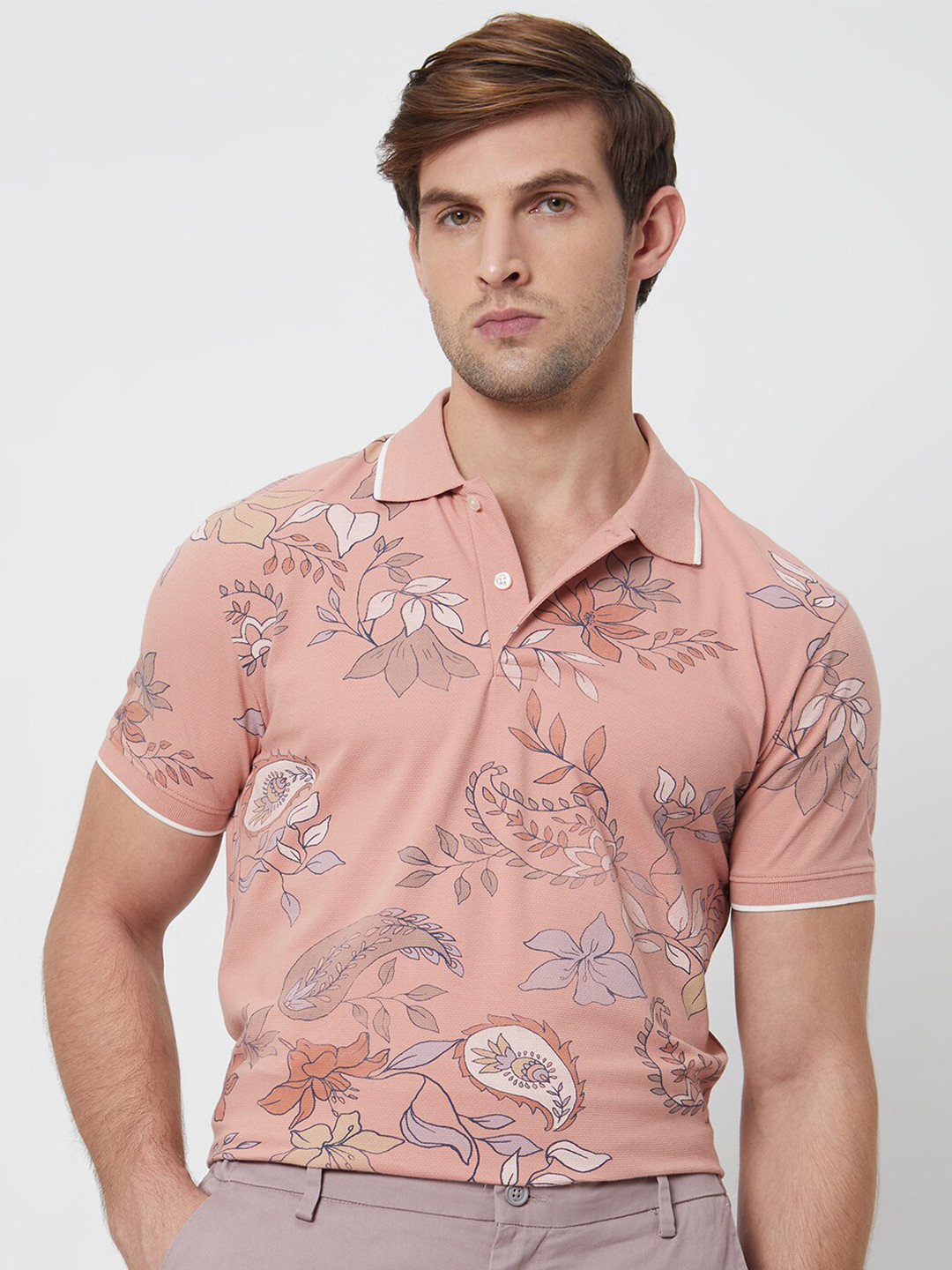 

Mufti Floral Printed Polo Collar Cotton Slim Fit T-shirt, Pink
