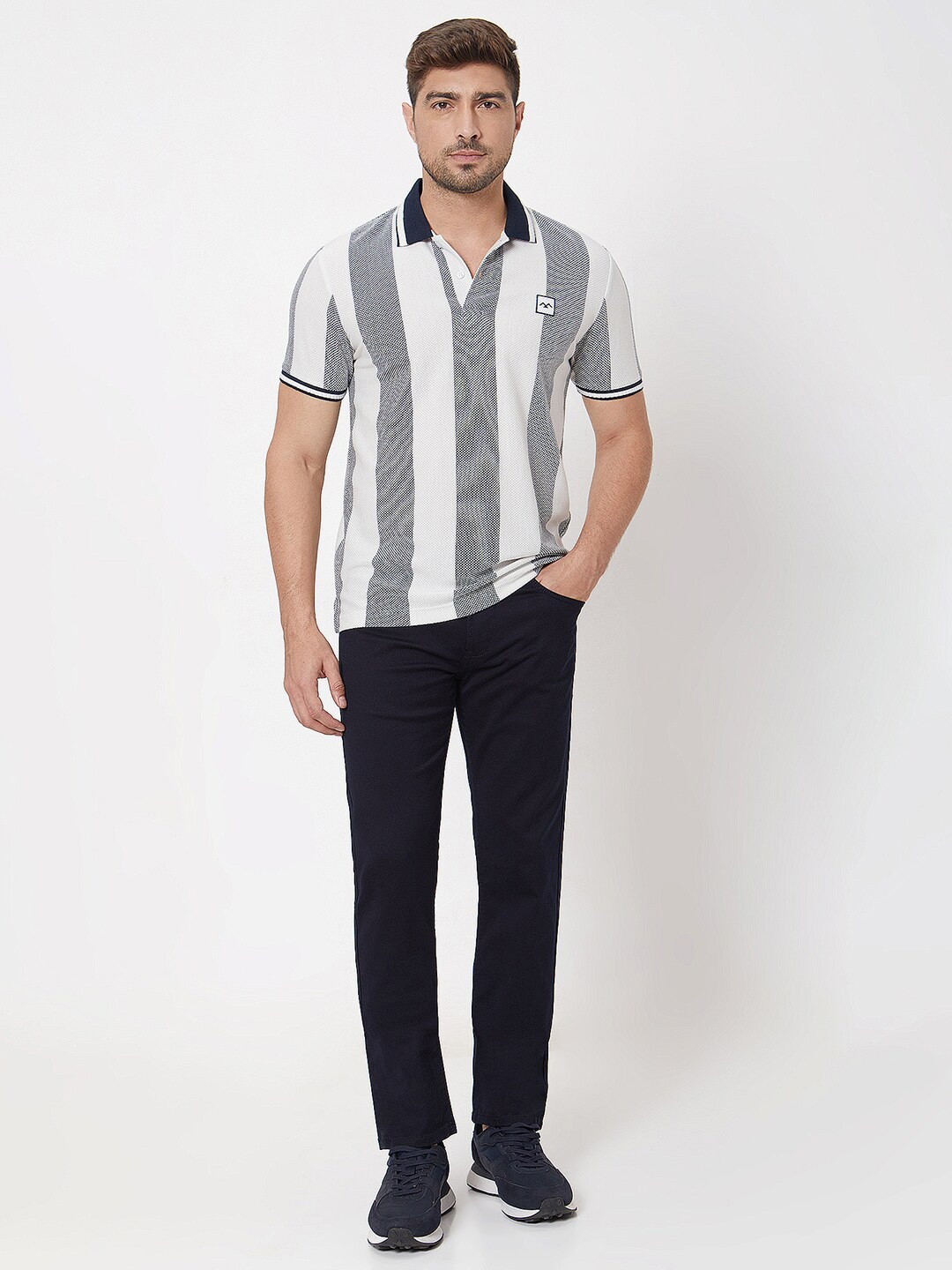 

Mufti Slim Fit Striped Polo Collar Cotton Casual T-shirt, Navy blue