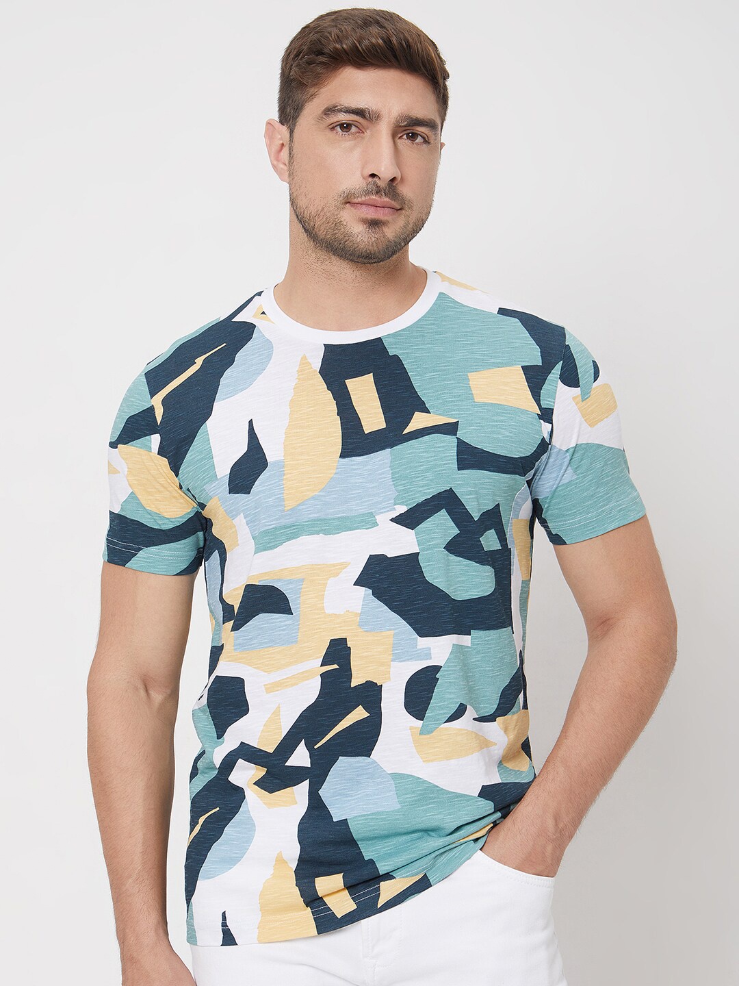 

Mufti Slim Fit Abstract Printed Cotton Casual T-shirt, Green