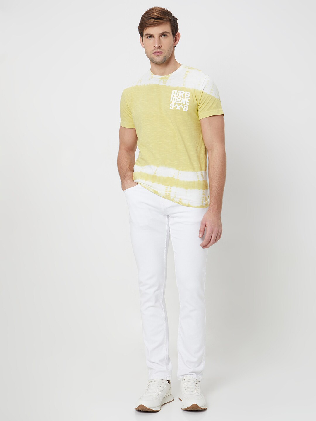 

Mufti Slim Fit Graphic Printed Cotton Casual T-shirt, Yellow