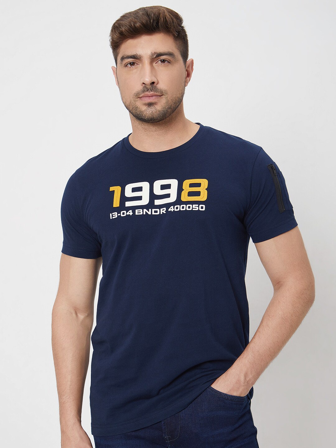 Mufti Slim Fit Typography Printed Polo Collar Cotton Casual T-shirt, Navy blue