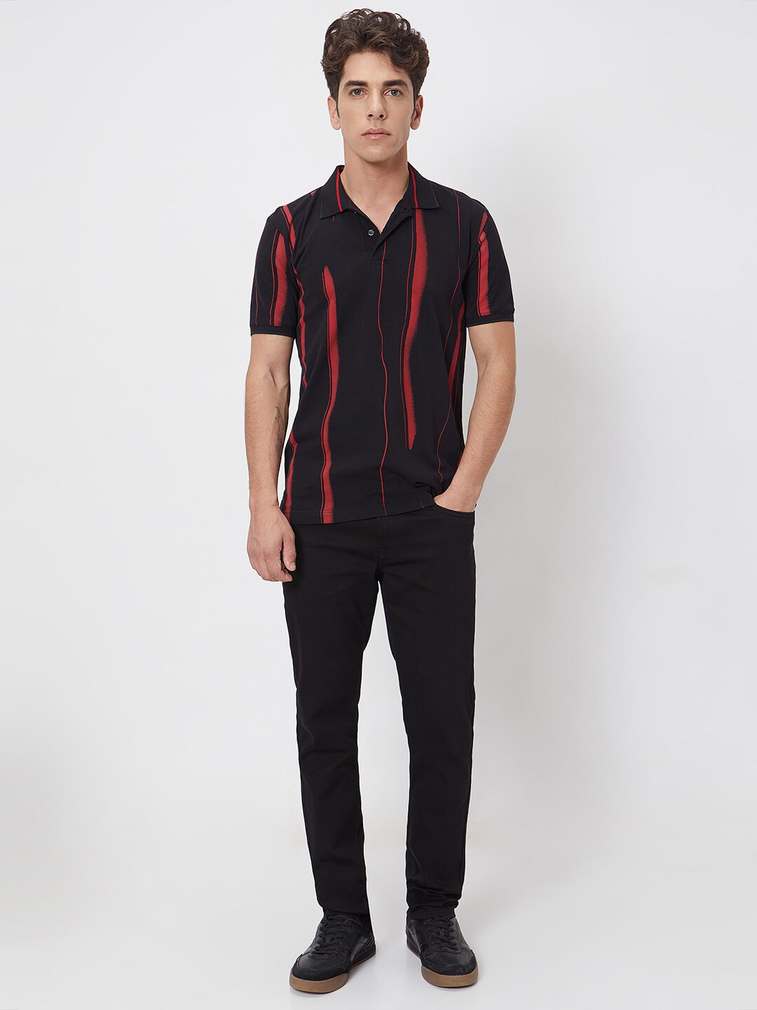 

Mufti Striped Printed Polo Collar Slim Fit Cotton T-shirt, Black