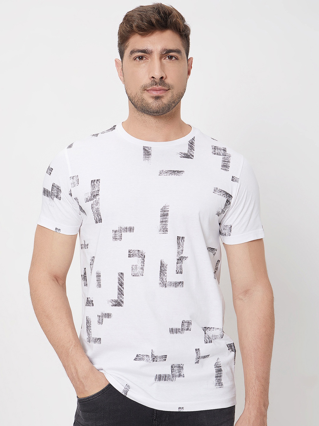 

Mufti ss-24 Abstract Printed Round Neck Cotton Slim Fit T-shirt, White