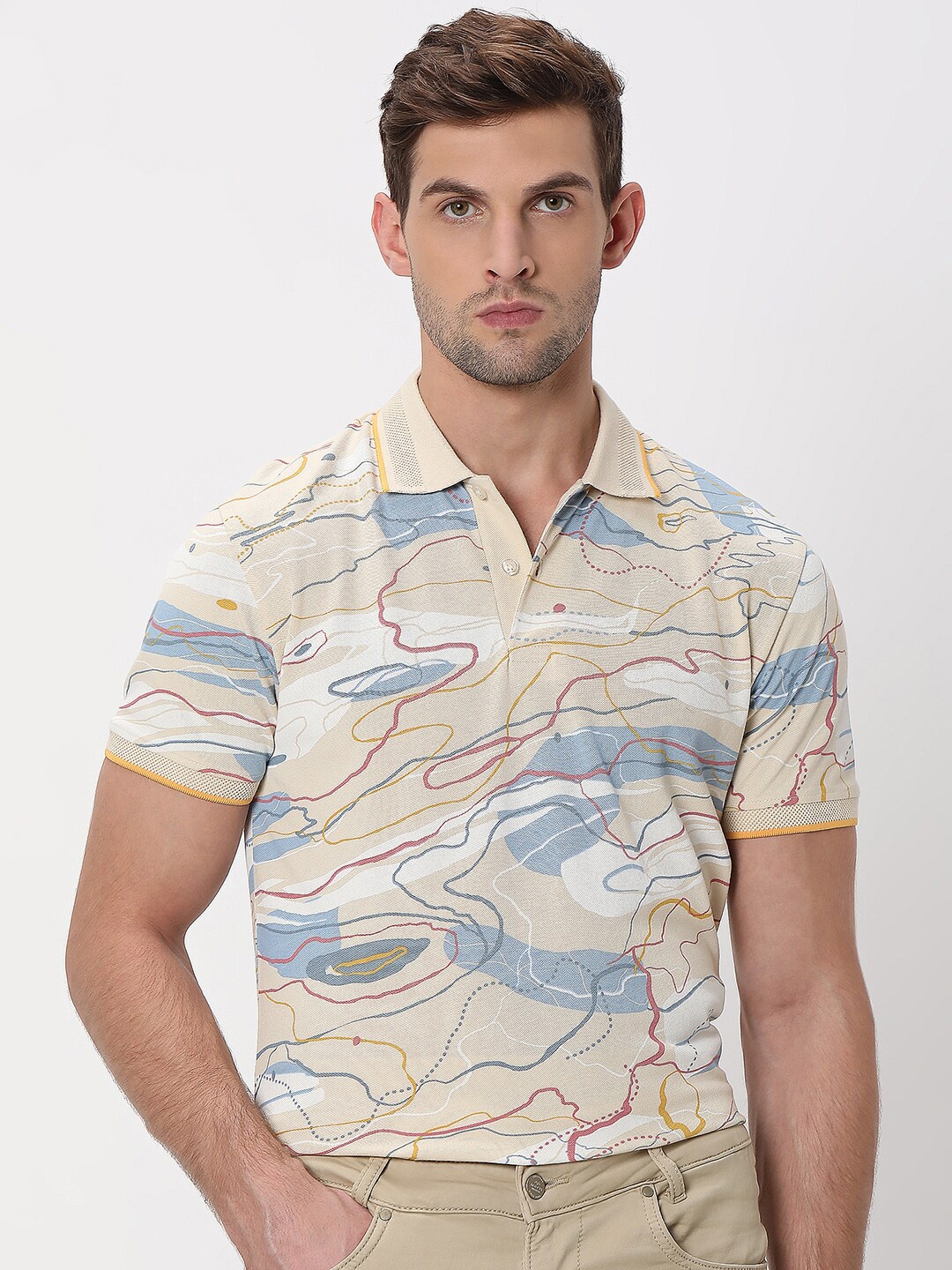 

Mufti Abstract Printed Polo Collar Slim Fit Cotton T-shirt, Beige