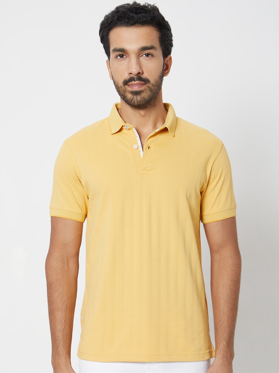 

Mufti ss-24 Self Design Polo Collar Slim Fit T-shirt, Mustard