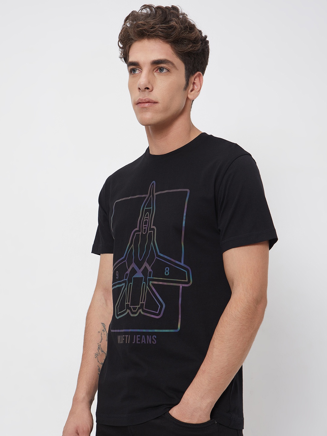 

Mufti Graphic Printed Cotton Slim Fit T-shirt, Black