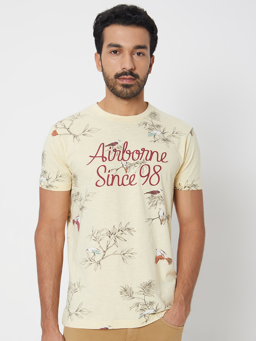 Mufti Slim Fit Graphic Printed Cotton Casual T-shirt, Beige