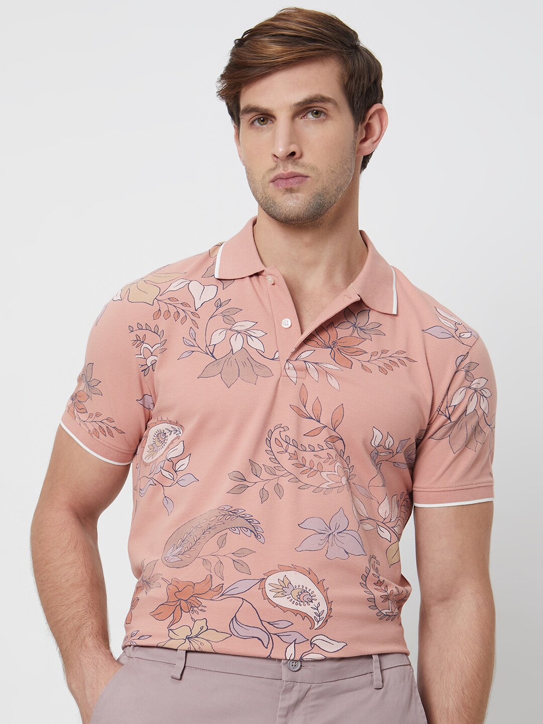 

Mufti Slim Fit Floral Printed Cotton Casual T-shirt, Pink