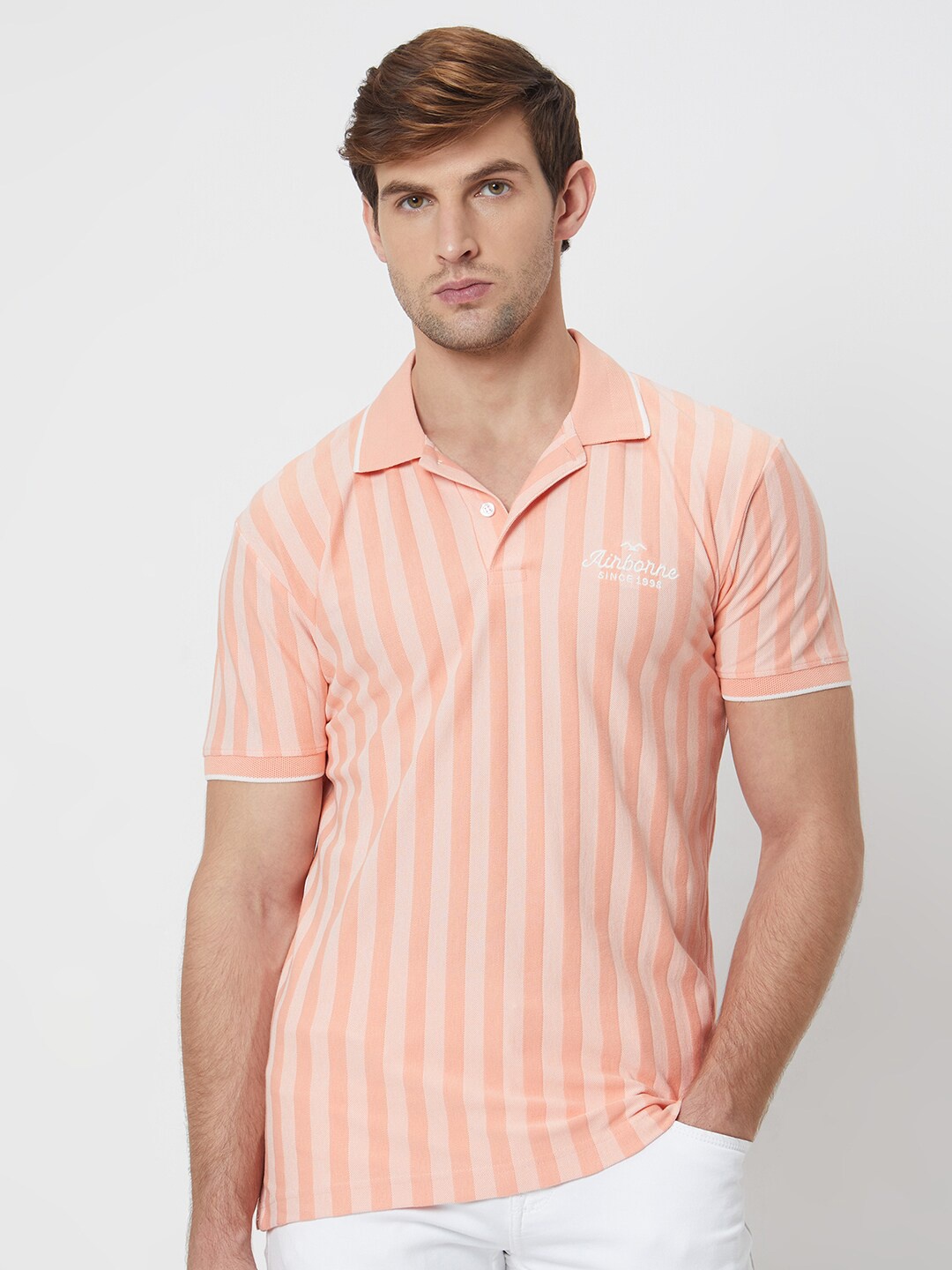 

Mufti Striped Printed Polo Collar Slim Fit Cotton T-shirt, Peach