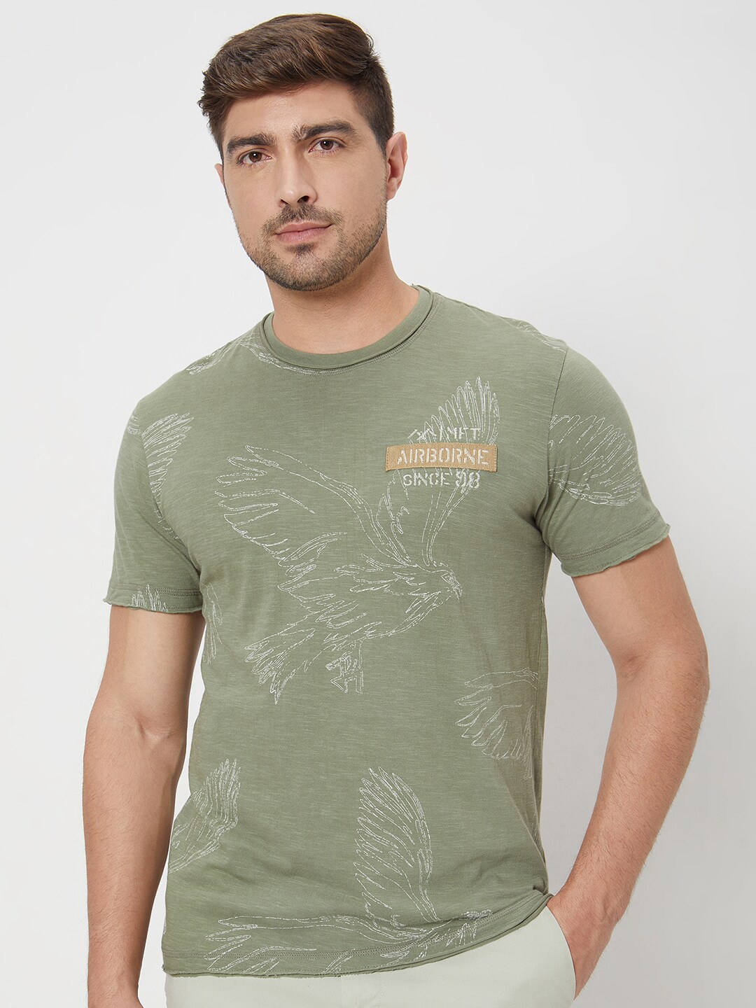 

Mufti Graphic Printed Cotton Round Neck Raw Edge Slim Fit T-shirt, Olive