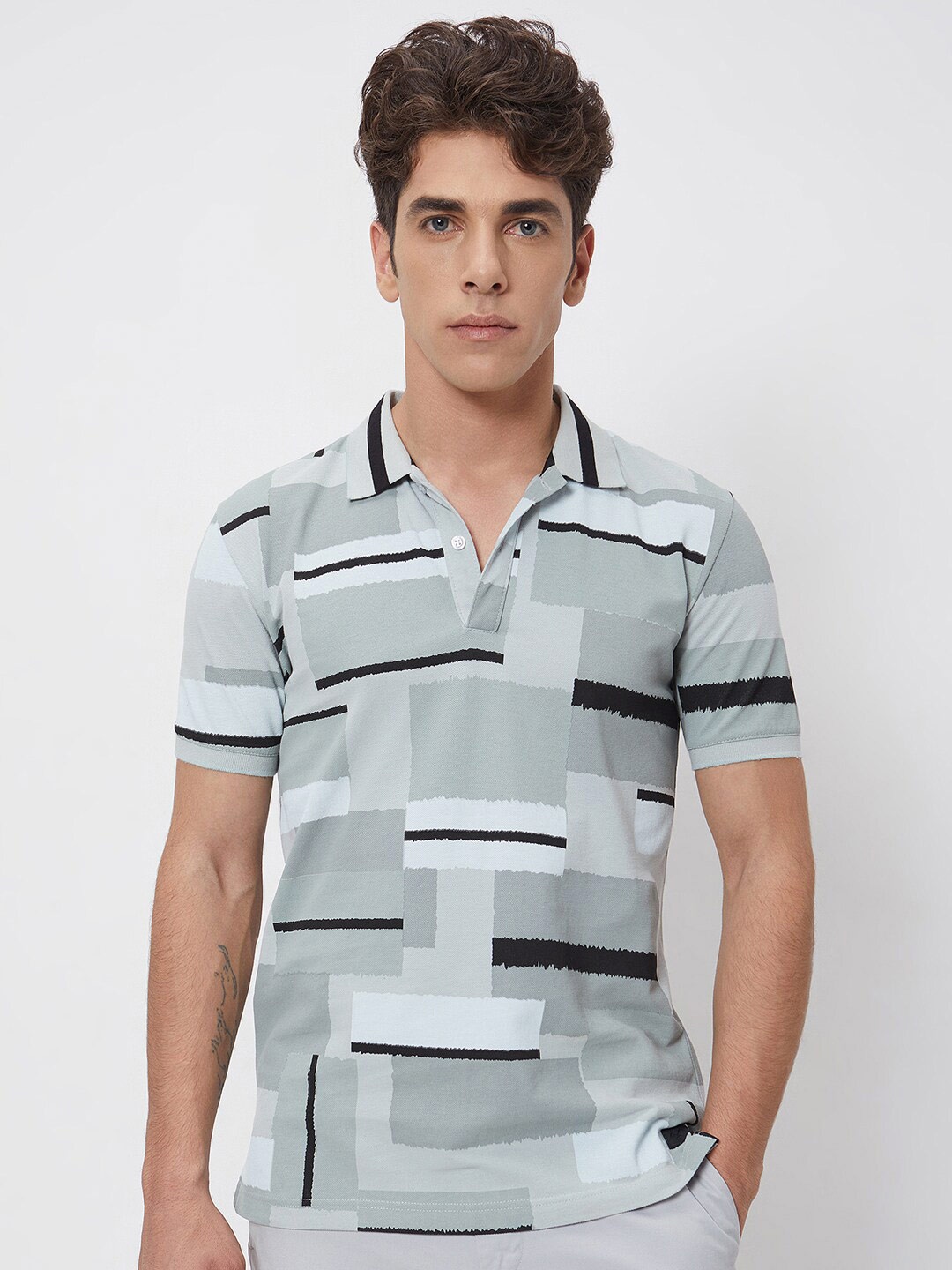 

Mufti Slim Fit Abstract Printed Polo Collar Cotton Casual T-shirt, Grey