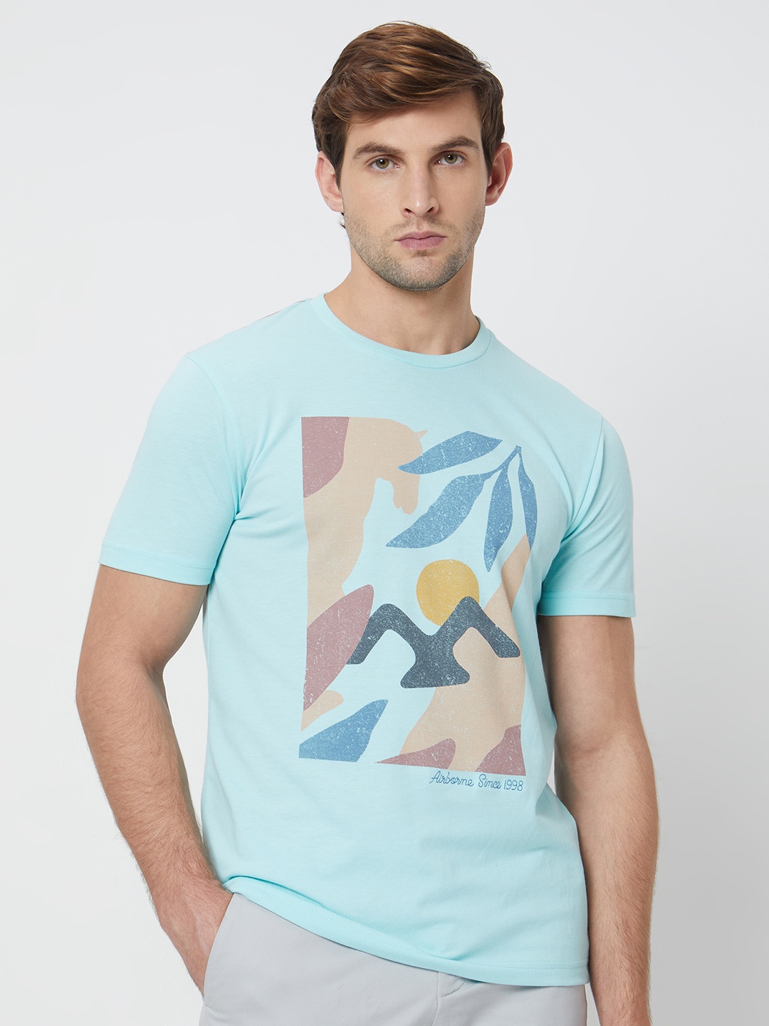 

Mufti ss-24 Graphic Printed Round Neck Slim Fit T-shirt, Blue
