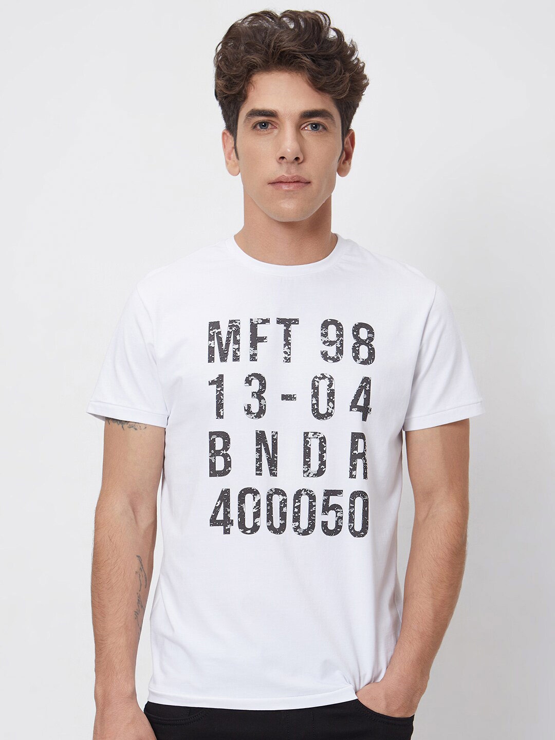 Mufti Slim Fit Typography Printed Cotton Casual T-shirt, White