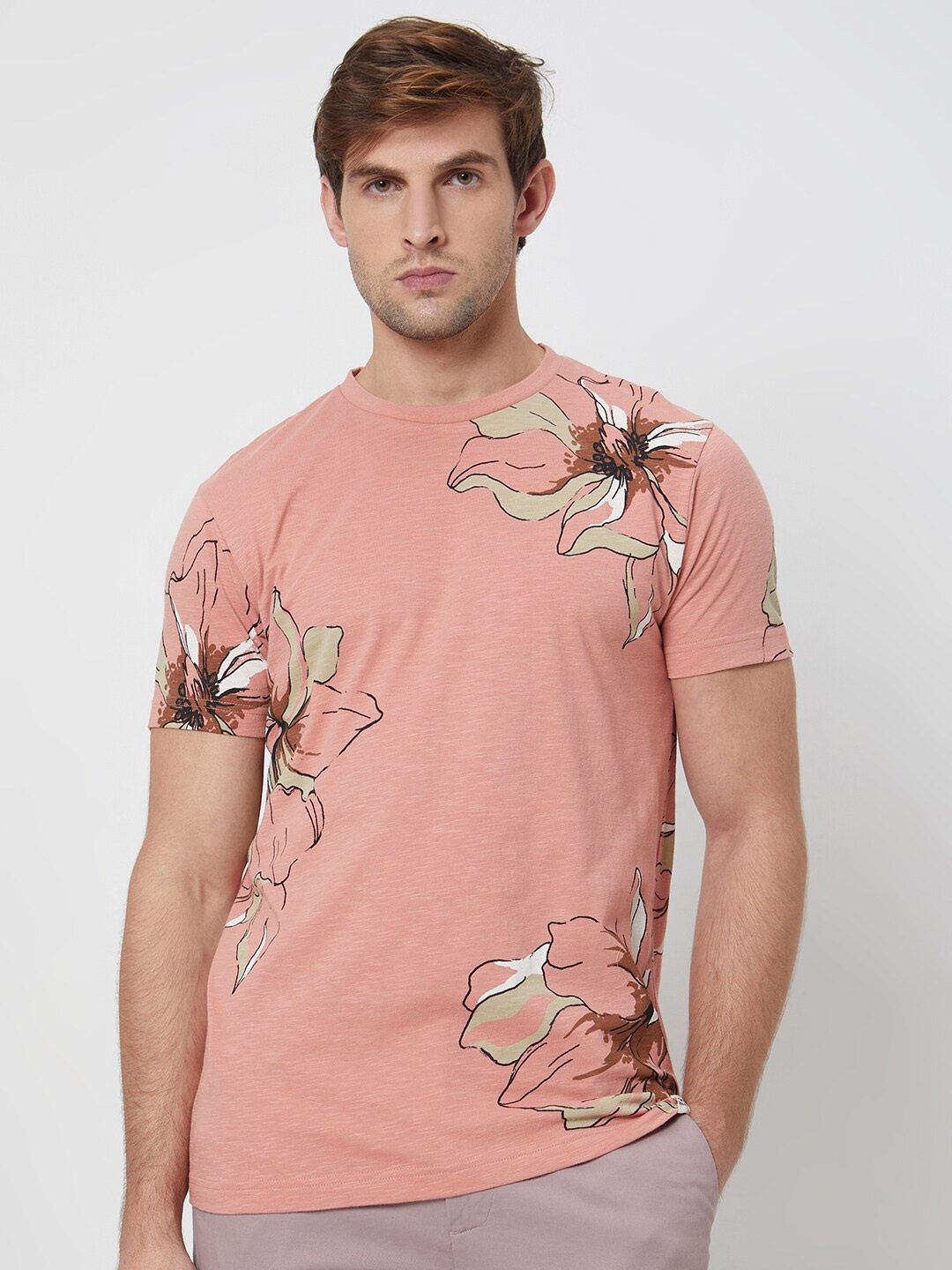 

Mufti Round Neck Floral Printed Slim Fit T-shirt, Pink