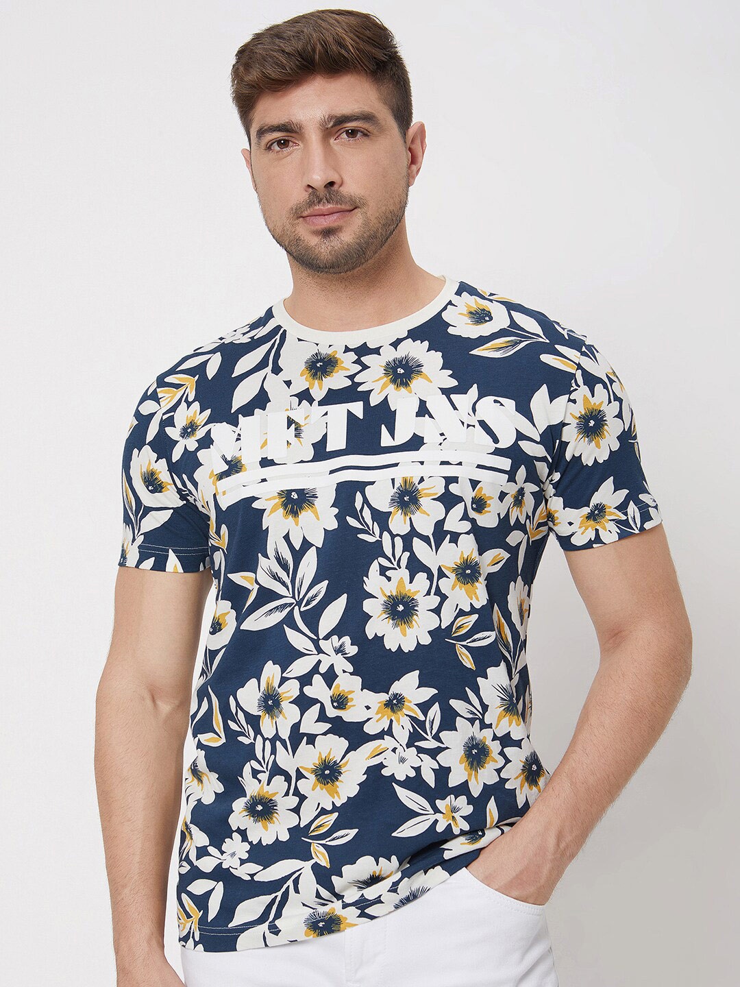

Mufti Slim Fit Floral Printed Cotton Casual T-shirt, Navy blue