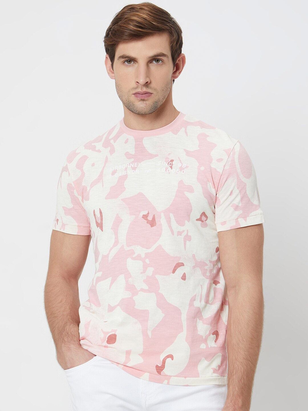 

Mufti Round Neck Abstract Printed Slim Fit Cotton T-shirt, Pink