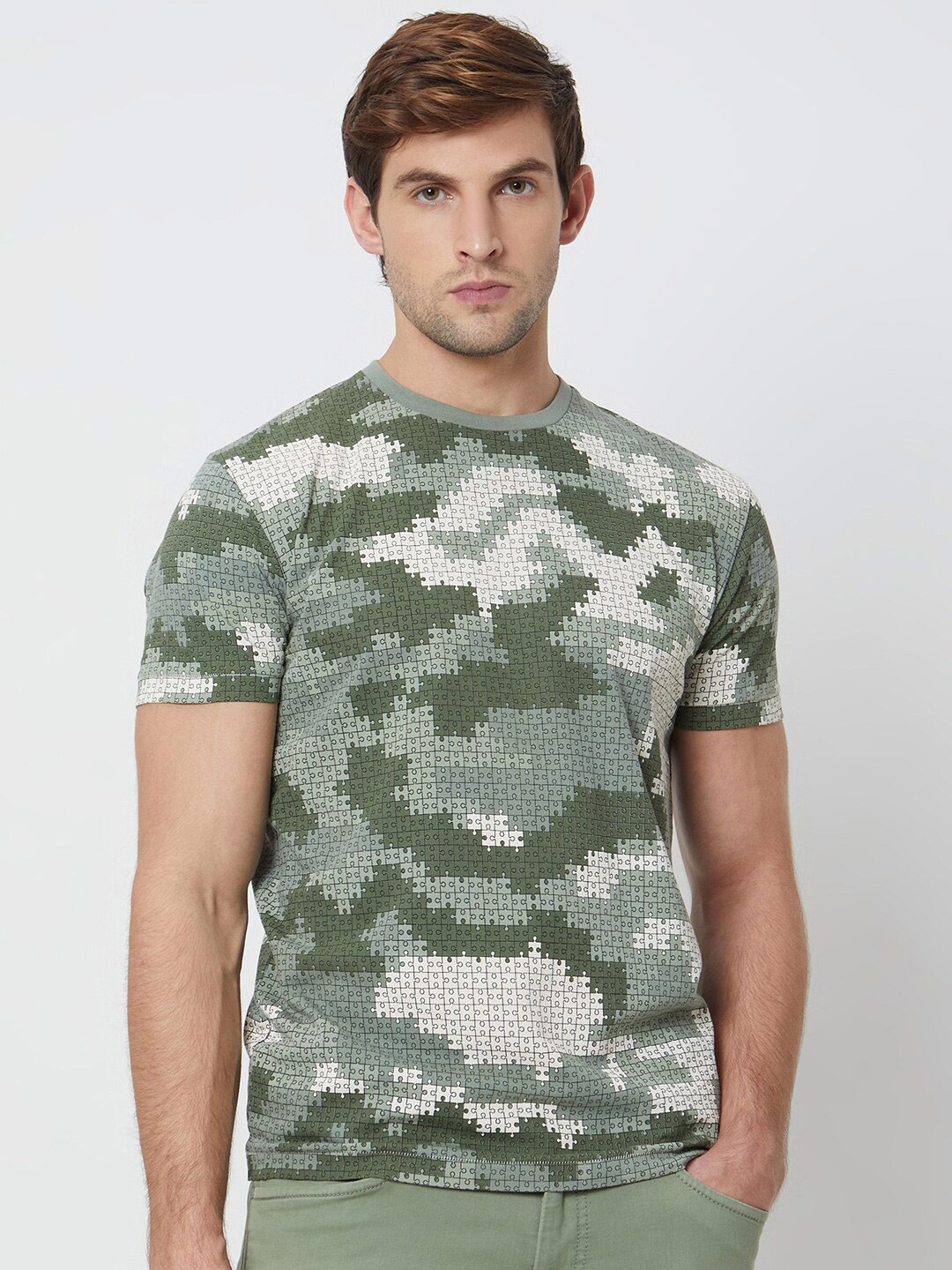 

Mufti Slim Fit Abstract Printed Cotton Casual T-shirt, Olive
