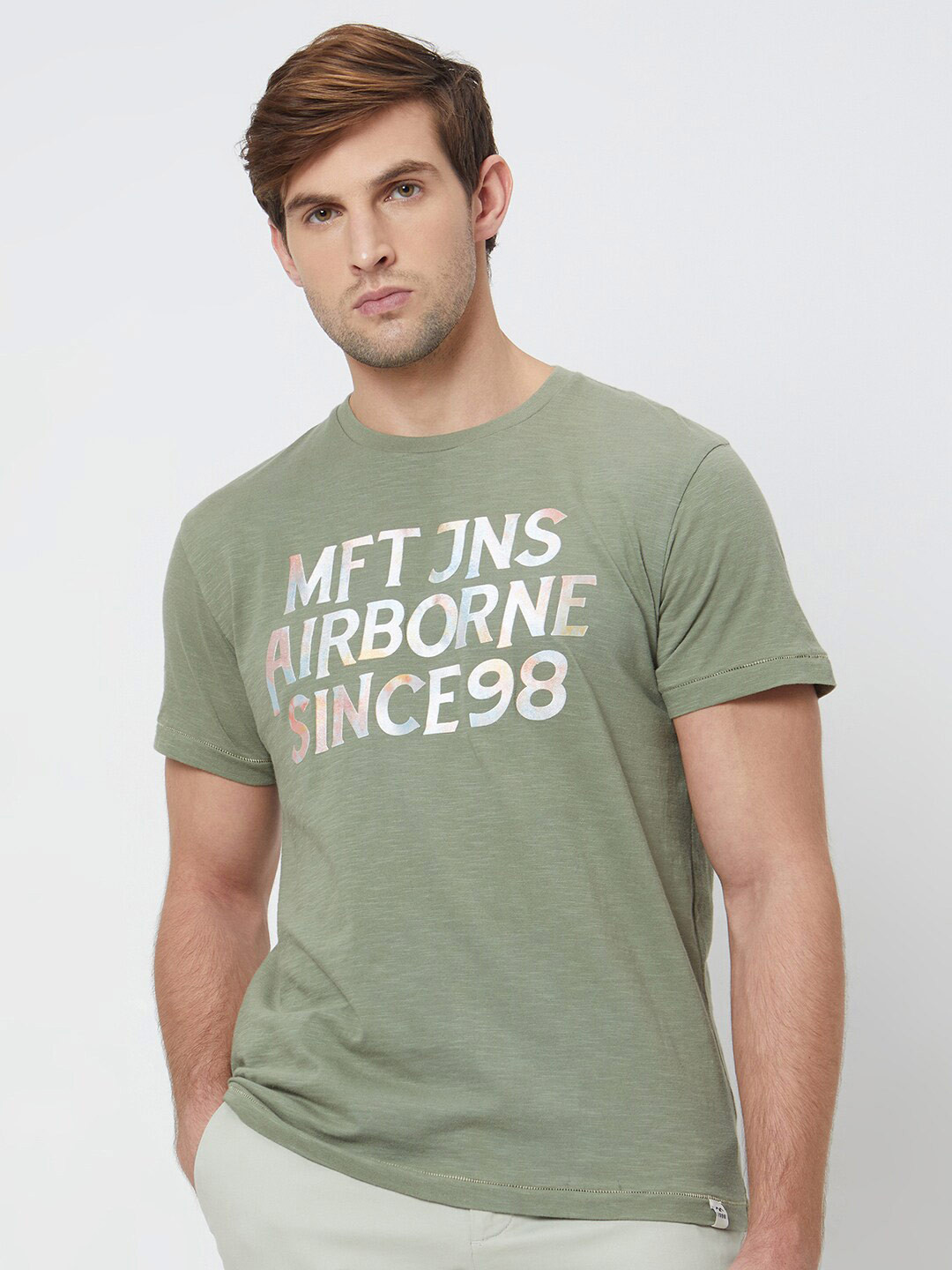 

Mufti Slim Fit Typography Printed Cotton Casual T-shirt, Olive