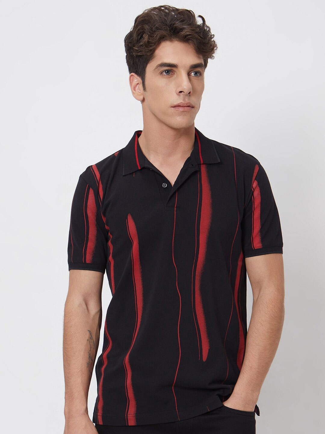 

Mufti Striped Cotton Polo Collar Slim Fit T-shirt, Black