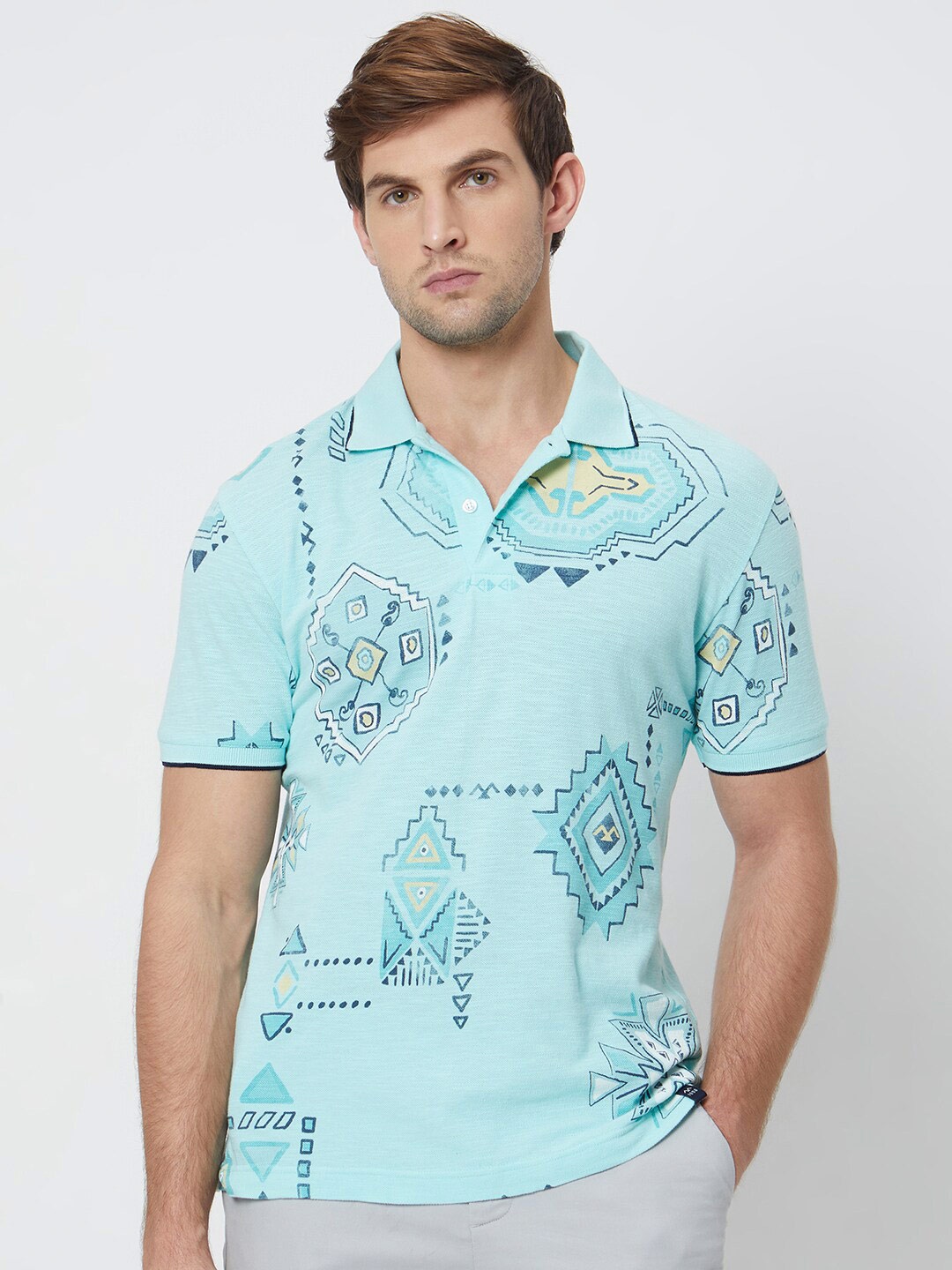 

Mufti Floral Printed Polo Collar Slim Fit Cotton T-shirt, Blue