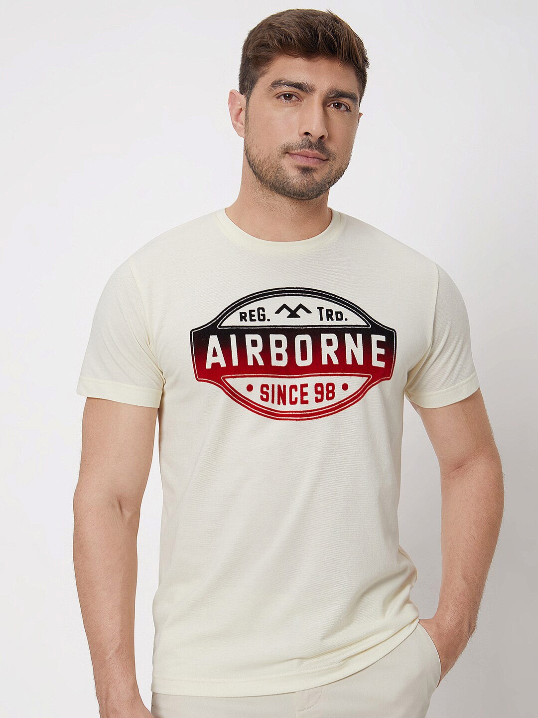 

Mufti Slim Fit Typography Printed Cotton Casual T-shirt, Off white