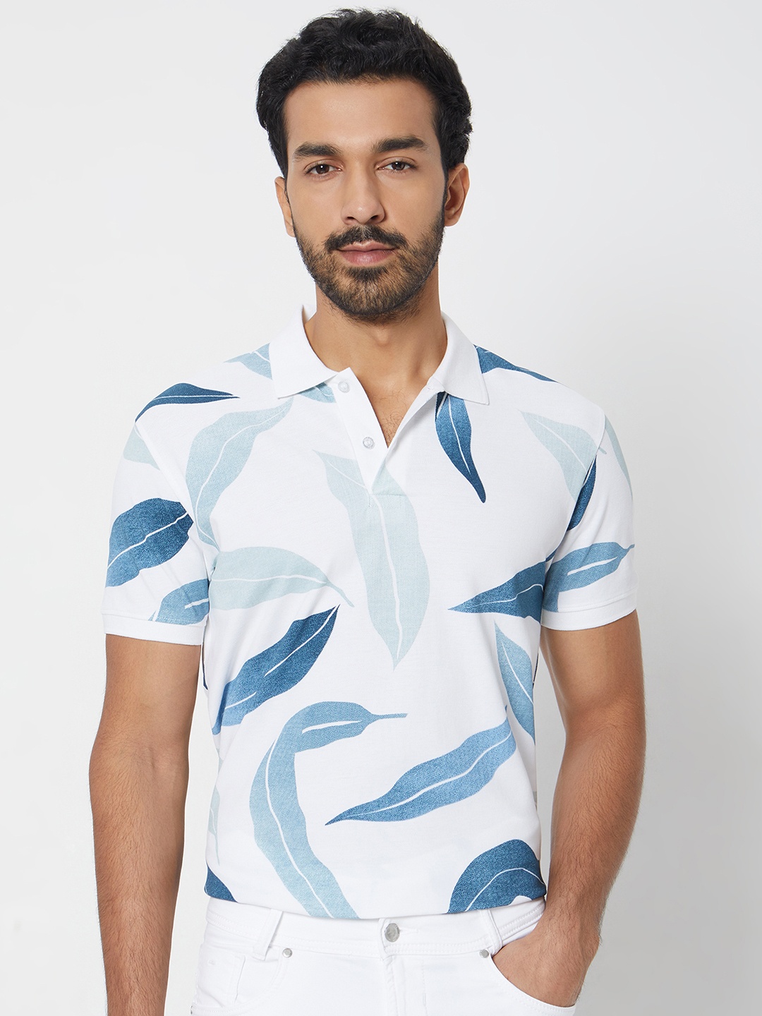 

Mufti Tropical Printed Polo Collar Cotton Slim Fit T-shirt, Off white