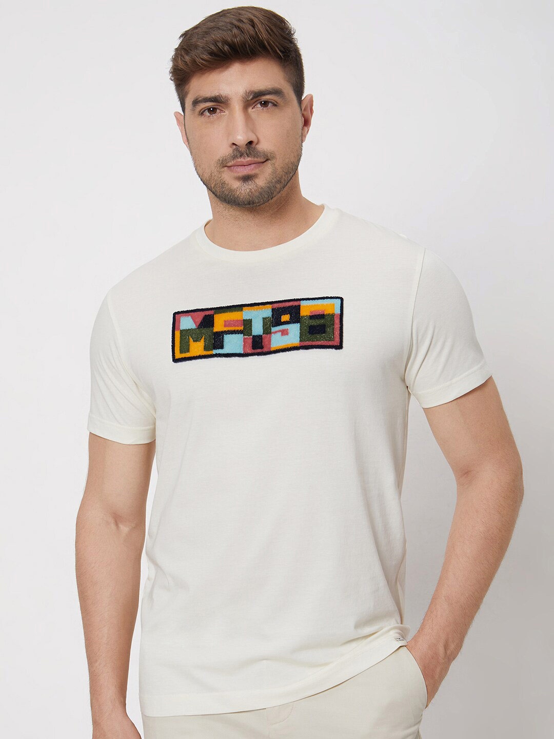 

Mufti Round Neck Typography Printed Slim Fit Cotton T-shirt, Off white