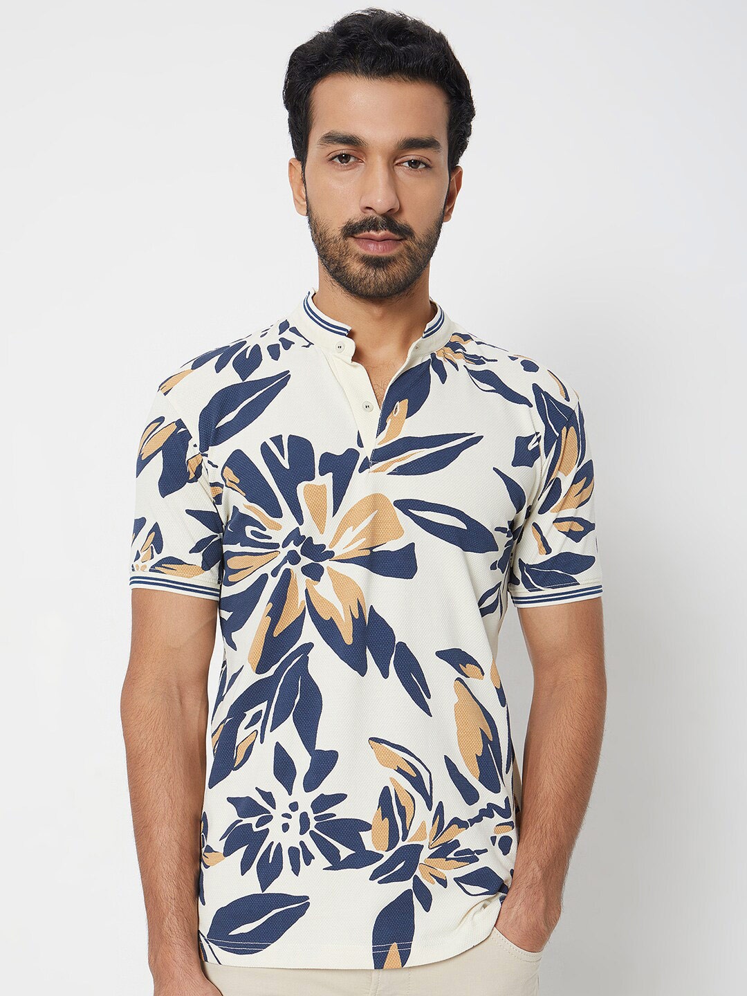 

Mufti Floral Printed Henley Neck Cotton Slim Fit T-shirt, Off white