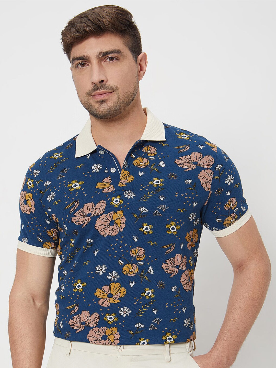 

Mufti Floral Printed Polo Collar Cotton Slim Fit T-shirt, Navy blue