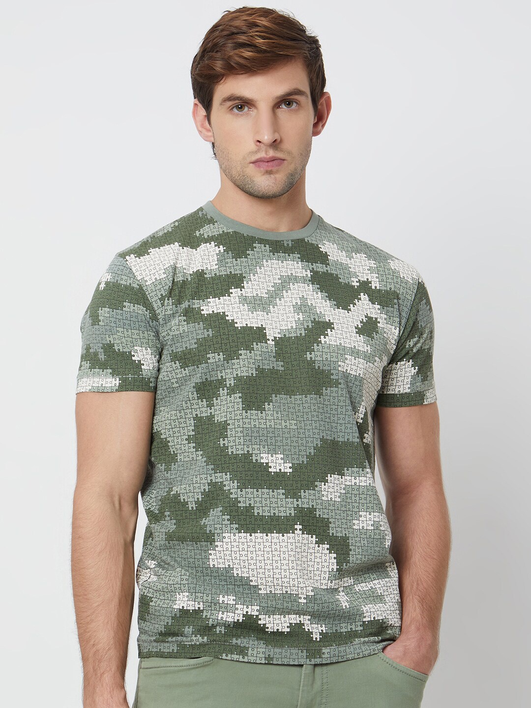 

Mufti Camouflage Printed Slim Fit Cotton T-shirt, Olive