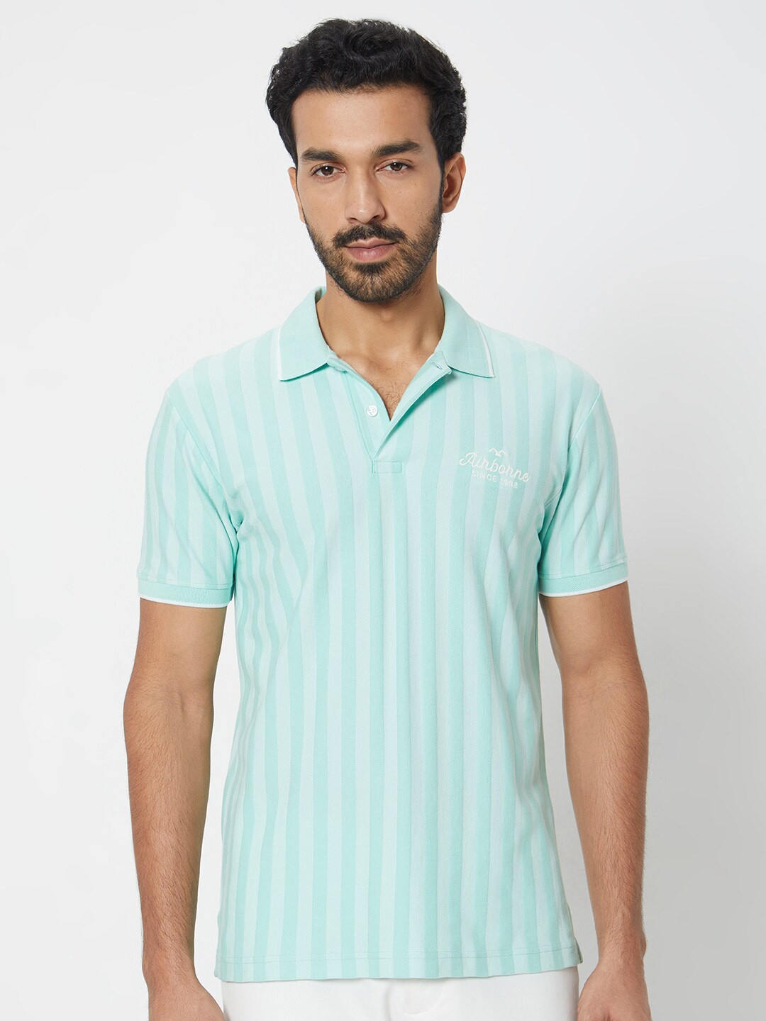 

Mufti Men Striped Slim Fit Polo Collar Cotton T-shirt, Green