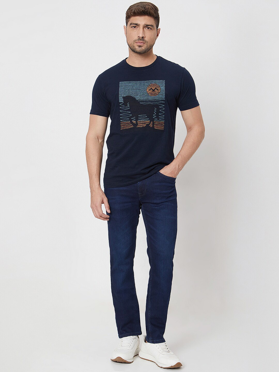 

Mufti Graphic Printed Slim Fit Cotton T-shirt, Navy blue