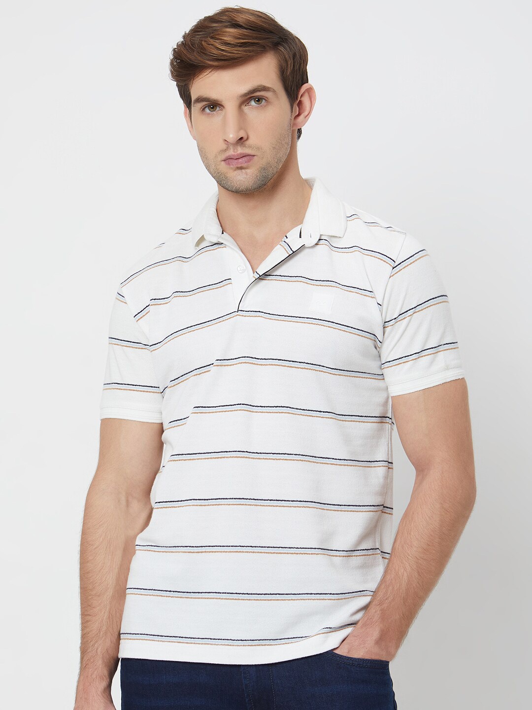 

Mufti Striped Polo Collar Slim Fit T-shirt, White