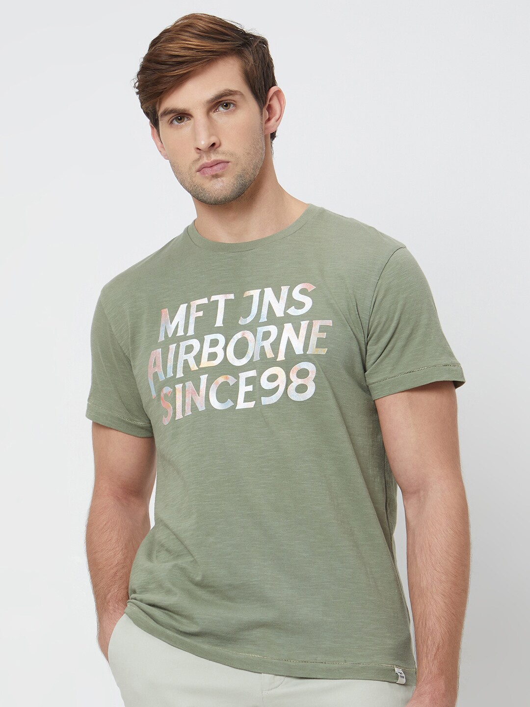 

Mufti Typography Printed Slim Fit Cotton T-shirt, Olive