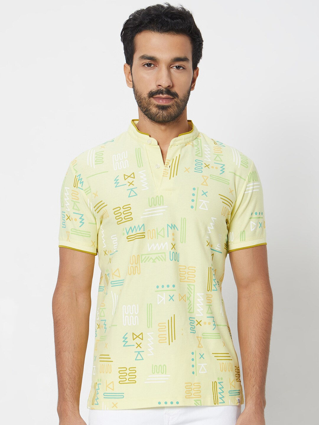 Mufti Abstract Printed Mandarin Collar Slim Fit Cotton T-shirt, Yellow