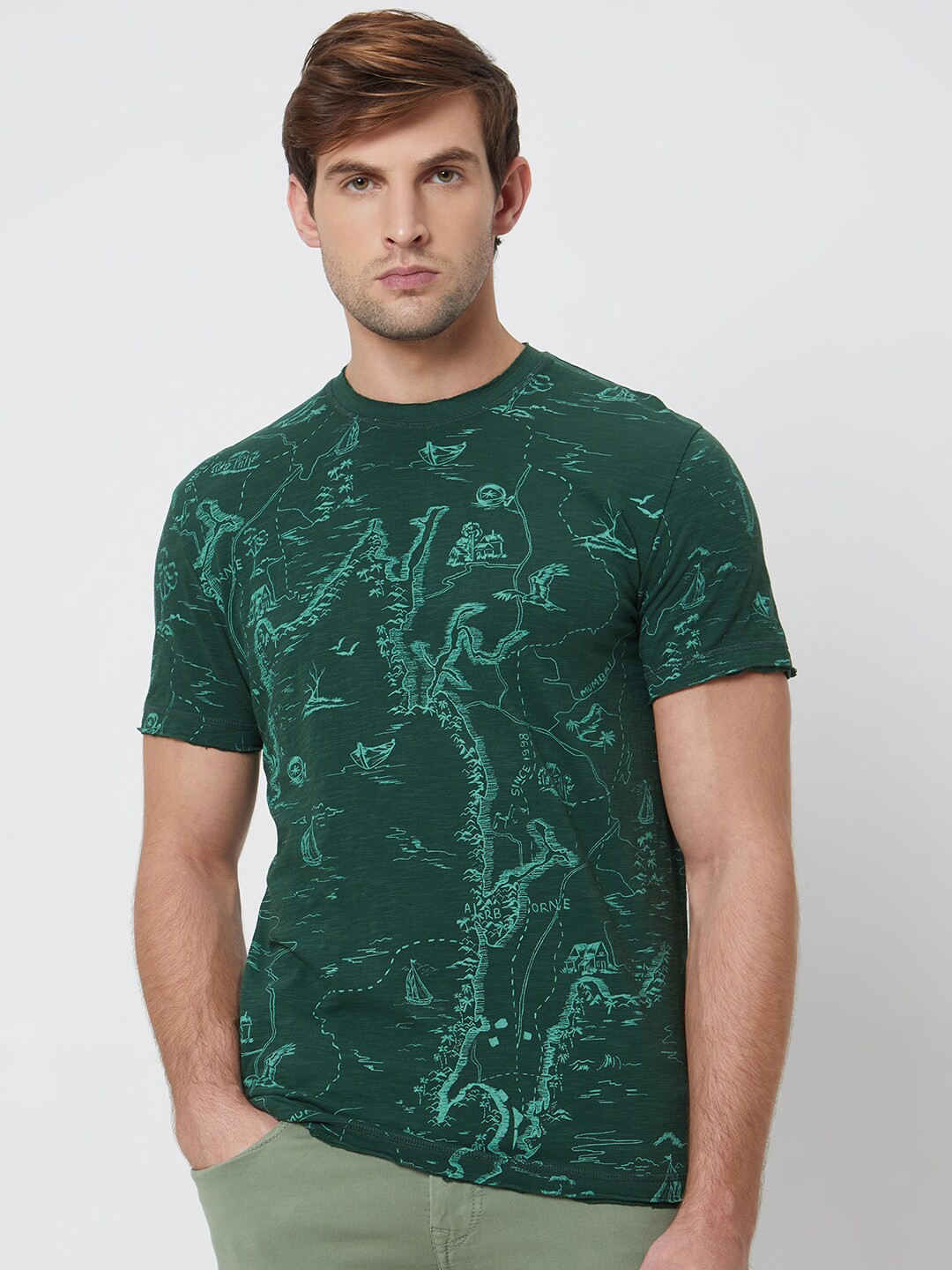 

Mufti Abstract Printed Slim Fit Cotton T-shirt, Green