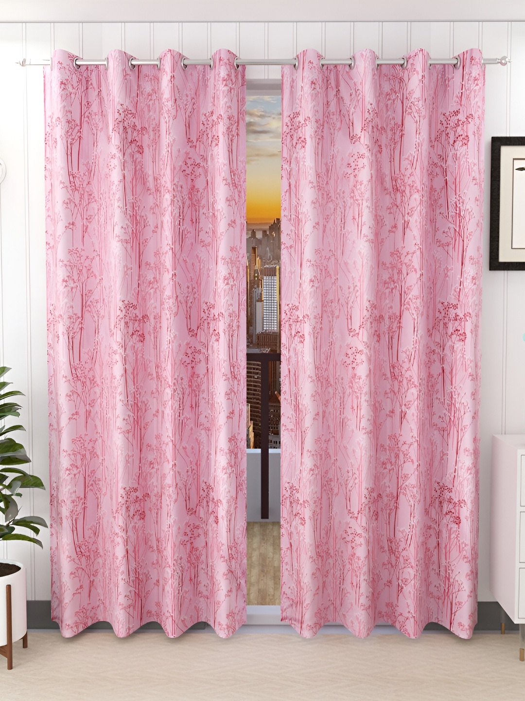 

Stella Creations Pink 2 Pieces Floral Room Darkening Long Door Curtains